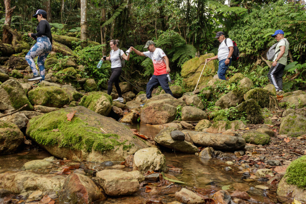 Tras las huellas de los Sutagaos: Una travesía ancestral por el camino La Palma - La Aguadita 18 Grupo de senderistas caminando en fila por sendero estrecho de montana