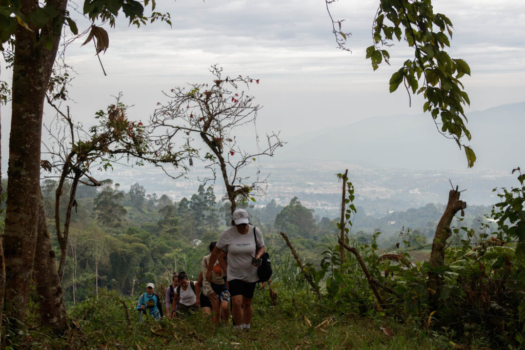 Tras las huellas de los Sutagaos: Una travesía ancestral por el camino La Palma - La Aguadita 26 Senderistas subiendo con la vista panoramica de la ciudad de Fusagasuga al fondo